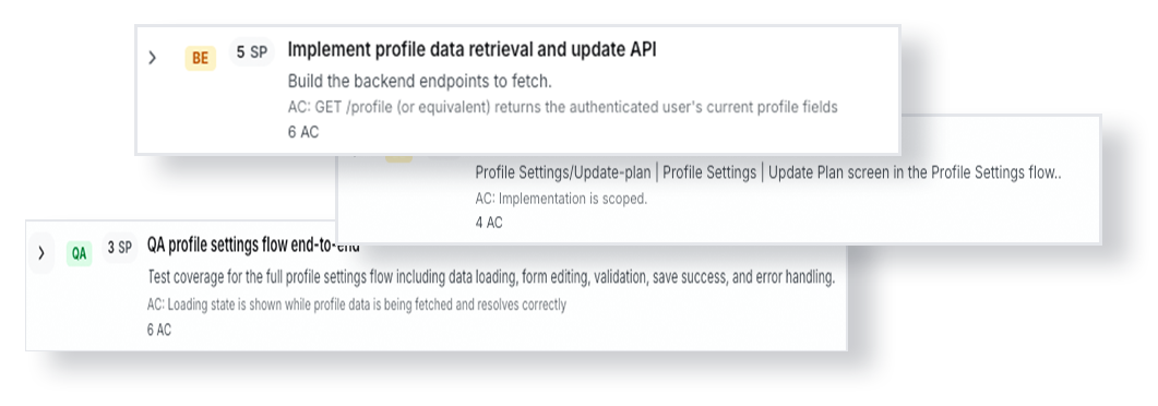 Stacked Jira ticket rows showing backend and QA work generated from a profile settings flow