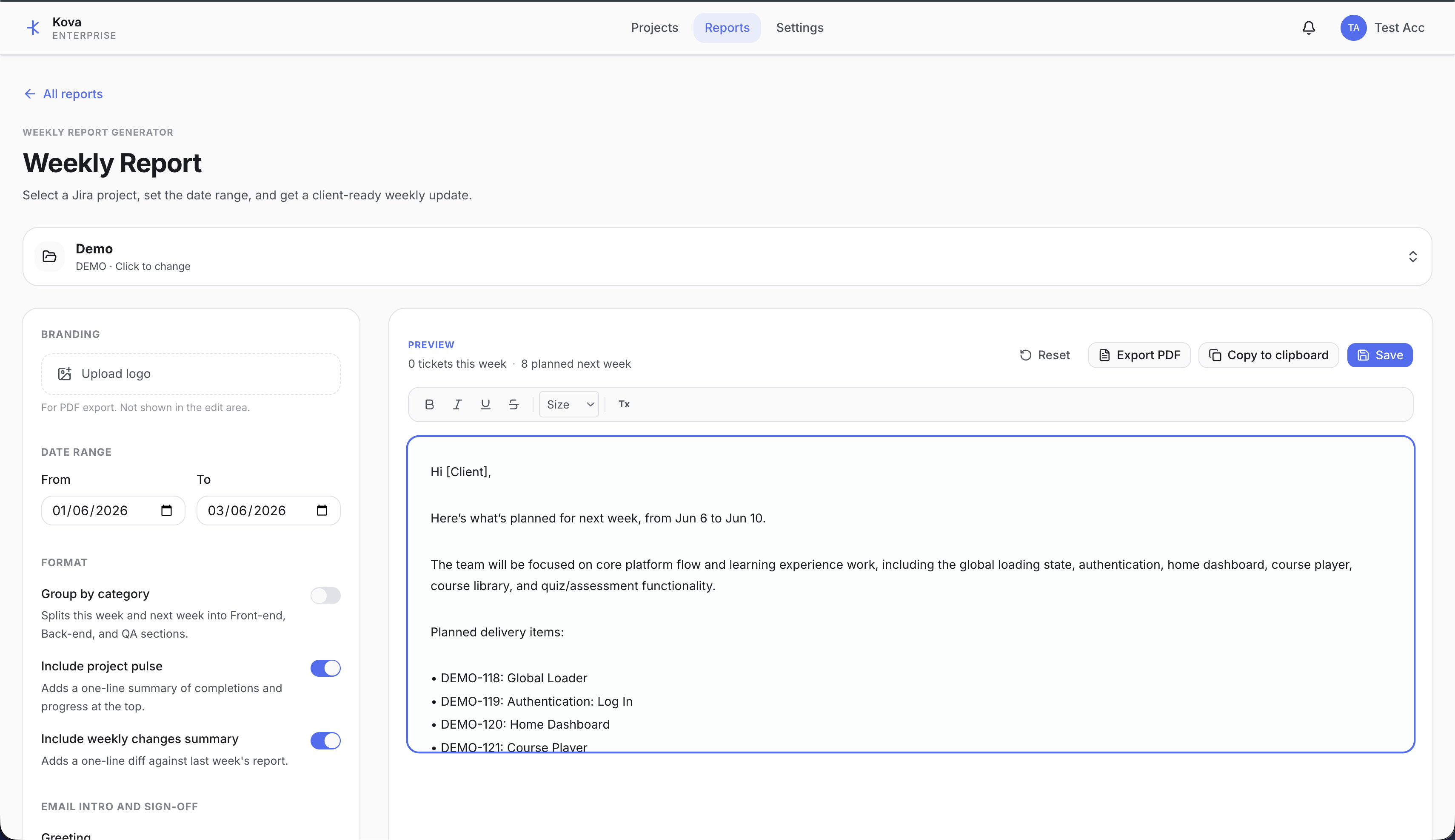 Weekly reports screenshot